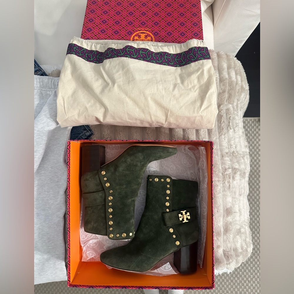 Tory Burch Dark Green Suede Ankle Boots with Gold Studs